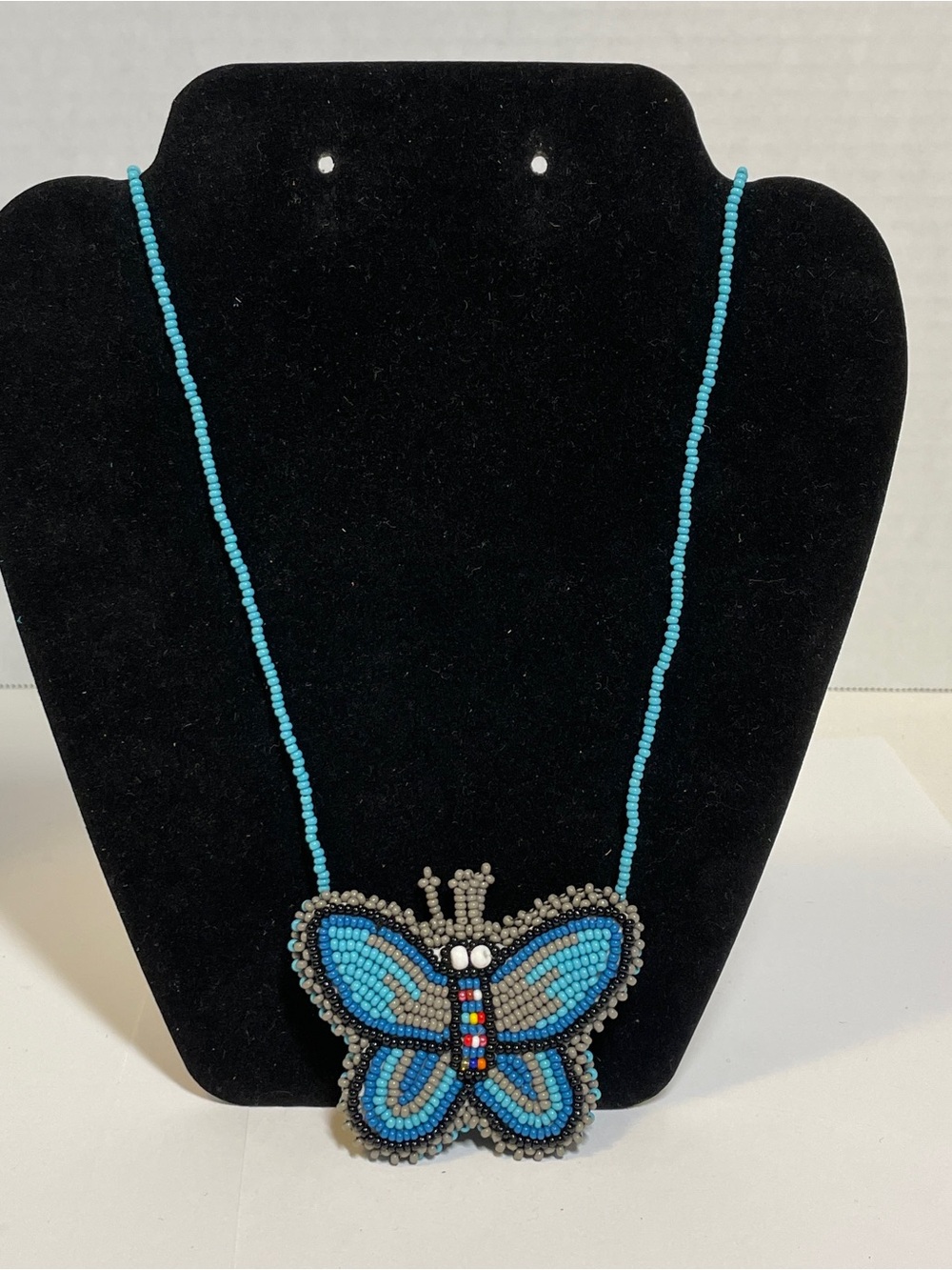 Handcrafted Beautiful Seed Beaded Necklace Butterfly Pendant Multicolor 24”